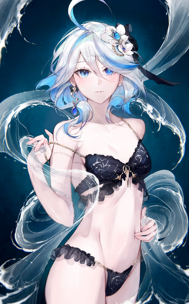Anime picture 1555x2500 with genshin impact furina (genshin impact) qiandaiyiyu single tall image looking at viewer fringe short hair breasts blue eyes light erotic simple background hair between eyes standing blue hair silver hair ahoge multicolored hair arm up two-tone hair