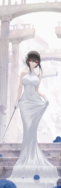 Anime picture 3500x10780 with spy x family yor briar gwan-e single tall image looking at viewer blush fringe highres short hair breasts black hair hair between eyes red eyes large breasts standing bare shoulders holding payot absurdres