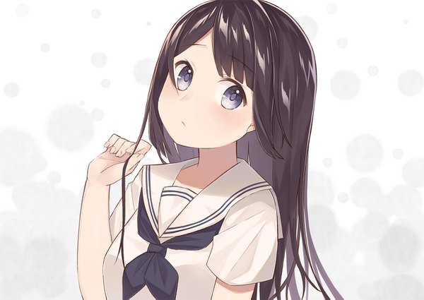 Anime picture 1224x867 with original nagitoki single long hair looking at viewer blush simple background brown hair white background purple eyes upper body head tilt shadow short sleeves girl uniform school uniform