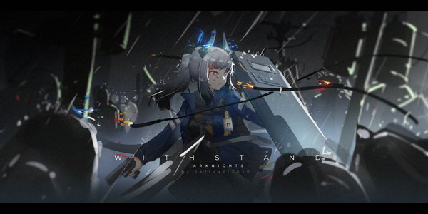 Anime picture 5419x2709 with arknights liskarm (arknights) loftcat single long hair fringe highres red eyes wide image holding signed payot looking away absurdres silver hair ponytail blunt bangs horn (horns) inscription night