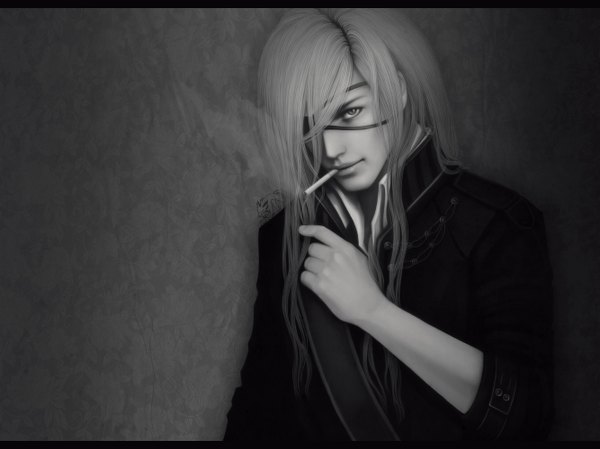 Anime picture 2667x2000 with dogs: bullets & carnage david production badou nails ripa666 single long hair fringe highres white hair hair over one eye realistic monochrome letterboxed smoking boy shirt jacket eyepatch cigarette