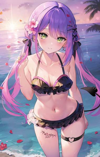 Anime picture 1023x1613 with virtual youtuber hololive tokoyami towa aria (ariacue) single long hair tall image looking at viewer blush light erotic smile green eyes purple hair tail hair flower from above tattoo piercing groin evening
