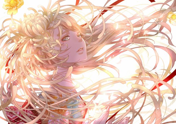 Anime picture 1100x777 with original nanahara single fringe blonde hair looking away hair flower lips grey eyes lens flare girl hair ornament flower (flowers) petals obi higanbana