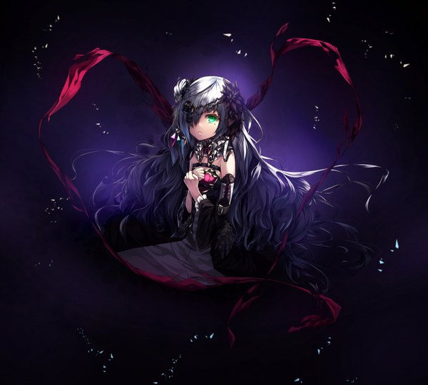 Anime picture 1000x900 with original soya (torga) single long hair looking at viewer green eyes white hair one eye closed dark background crossed arms girl dress hair ornament detached sleeves black dress