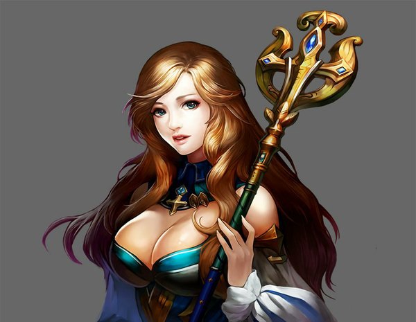 Anime picture 800x621 with heroes will sally (heroes will) single long hair looking at viewer fringe breasts open mouth blue eyes light erotic simple background blonde hair brown hair large breasts bare shoulders holding cleavage upper body long sleeves parted lips
