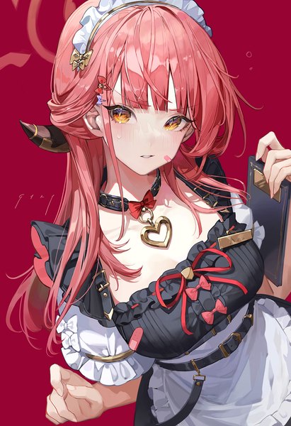 Anime picture 1000x1459 with blue archive aru (blue archive) chyoel single long hair tall image simple background yellow eyes pink hair horn (horns) from above maid red background bandaid on face girl uniform choker headdress heart maid headdress