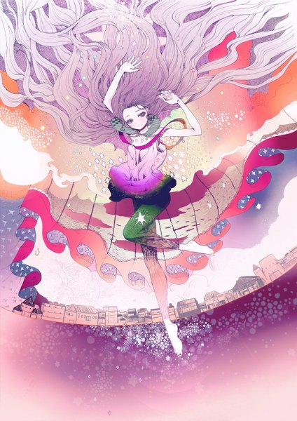 Anime picture 1000x1415 with original felt (lidsan) single tall image purple hair very long hair nail polish barefoot aqua eyes arms up girl dress star (stars) short dress