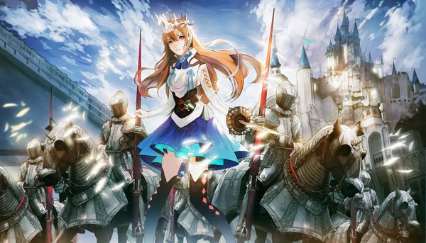 Anime picture 3507x2007 with original yong kit lam long hair highres brown hair wide image brown eyes absurdres sky cloud (clouds) army girl thighhighs dress weapon sword crown castle