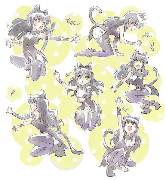 Anime picture 1474x1600 with rwby rooster teeth blake belladonna iesupa long hair tall image open mouth black hair simple background yellow eyes full body tail animal tail cat girl cat tail fang (fangs) multiview girl bow hair bow