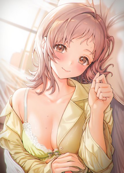 Anime picture 1813x2537 with idolmaster idolmaster shiny colors sakuragi mano takumoyuha single tall image looking at viewer fringe highres breasts light erotic smile brown hair large breasts brown eyes upper body indoors lying head tilt blurry