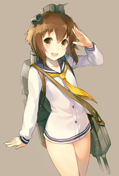 Anime picture 700x1032 with kantai collection yukikaze destroyer tousaki umiko single tall image looking at viewer short hair open mouth simple background brown hair brown eyes brown background salute girl dress hair ornament short dress sailor suit neckerchief backpack