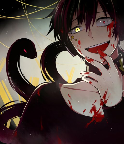 Anime picture 1200x1400 with kagerou project shaft (studio) konoha (kagerou project) kuroha hoshiyui tsukino (artist) single tall image looking at viewer short hair open mouth black hair heterochromia finger to mouth crazy boy animal blood snake