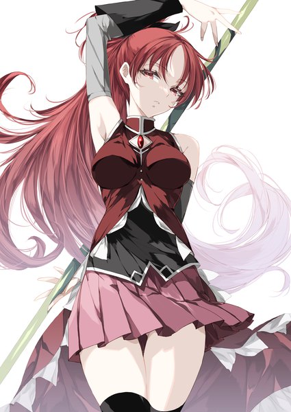 Anime picture 2508x3541 with mahou shoujo madoka magica shaft (studio) sakura kyouko misteor single long hair tall image looking at viewer fringe highres breasts light erotic simple background red eyes large breasts white background bare shoulders ponytail red hair pleated skirt