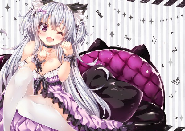 Anime picture 1687x1200 with original oziko (ojitcha) ojitcha single long hair looking at viewer blush fringe breasts open mouth light erotic hair between eyes sitting purple eyes bare shoulders animal ears cleavage head tilt one eye closed grey hair