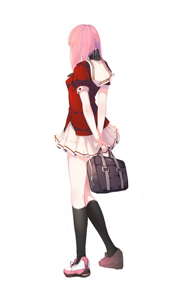 Anime picture 753x1149 with original emyo single long hair tall image simple background standing white background holding pink hair pleated skirt from behind back hands behind back girl skirt uniform school uniform socks serafuku