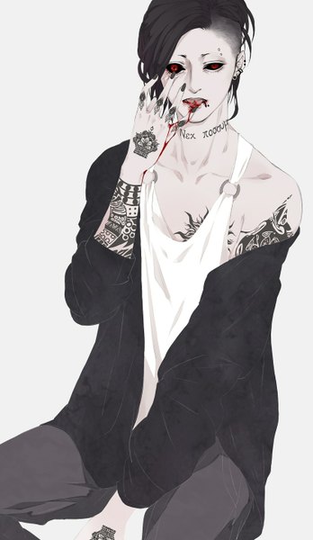 Anime picture 833x1436 with tokyo ghoul studio pierrot uta (tokyo kushu) later (chiyating) single tall image short hair open mouth black hair simple background red eyes sitting bare shoulders nail polish parted lips grey background tattoo piercing ear piercing black nail polish