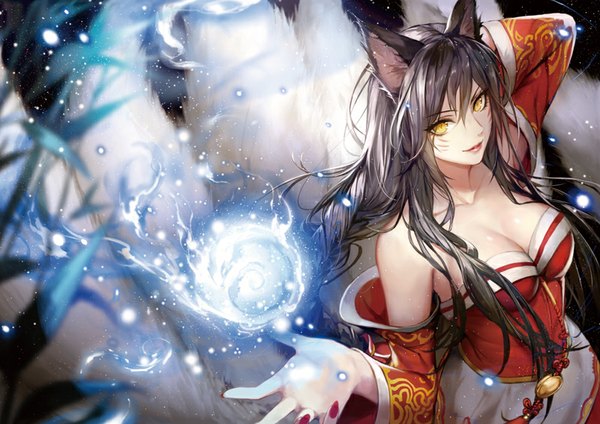 Anime picture 800x566 with league of legends ahri (league of legends) komecchi single long hair looking at viewer fringe black hair animal ears yellow eyes tail nail polish traditional clothes animal tail fox ears magic facial mark fox tail multiple tails whisker markings