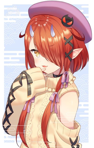 Anime picture 635x1000 with virtual youtuber noripro hoozuki warabe okanoyuno single tall image looking at viewer fringe short hair bare shoulders yellow eyes upper body red hair long sleeves horn (horns) pointy ears hair over one eye sleeves past wrists framed hand to mouth