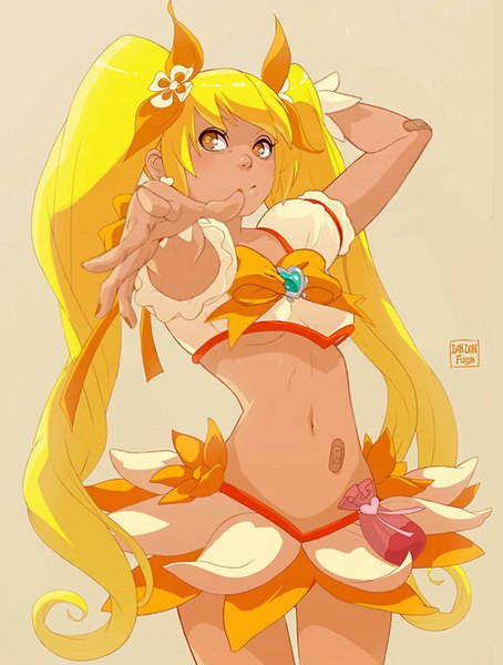 Anime picture 720x951 with precure dokidoki! precure heartcatch precure! toei animation myoudouin itsuki cure sunshine dandon fuga single long hair tall image light erotic simple background blonde hair looking away bare belly midriff orange eyes girl skirt navel