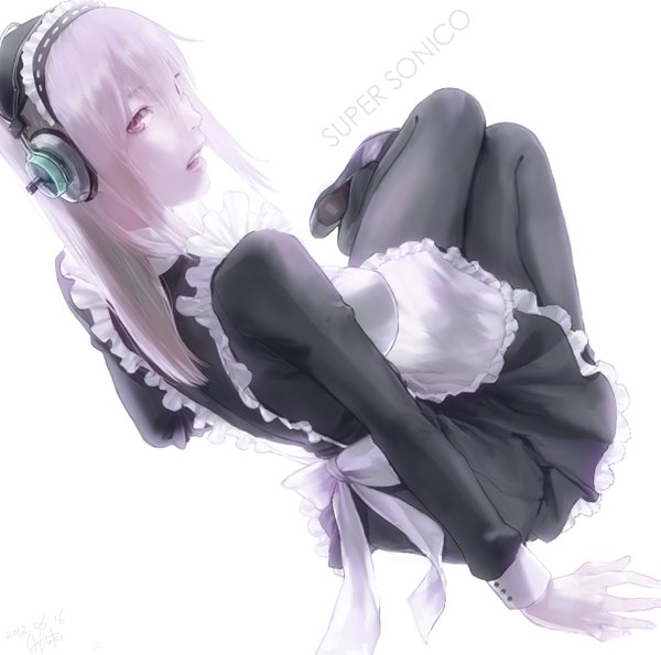 Anime picture 1224x1215 with nitroplus super sonico hitaki azami single long hair open mouth simple background white background sitting signed pink hair pink eyes looking back inscription maid girl dress bow pantyhose shoes