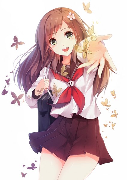 Anime picture 1200x1696 with original aki (caidychen) caidychen single long hair tall image open mouth brown hair green eyes hair flower girl skirt uniform hair ornament school uniform serafuku insect butterfly
