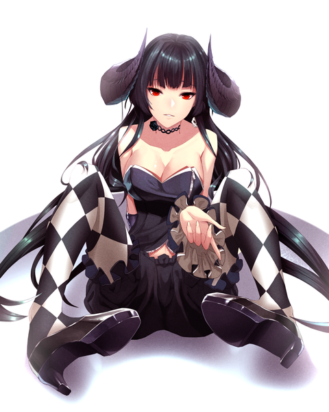 Anime-Bild 1000x1250 mit original limeblock single long hair tall image looking at viewer fringe breasts light erotic black hair simple background red eyes large breasts white background sitting bare shoulders bent knee (knees) parted lips horn (horns) outstretched arm