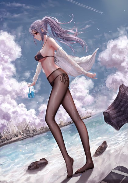 Anime-Bild 1400x2000 mit original yuzuriha (artist) single long hair tall image breasts light erotic red eyes large breasts standing holding payot looking away sky cloud (clouds) full body outdoors ponytail long sleeves parted lips