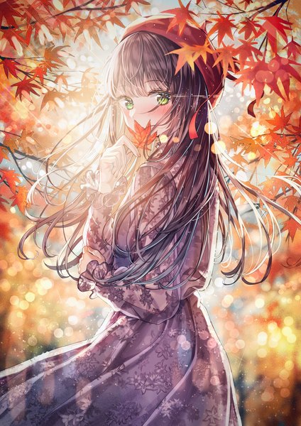 Anime picture 2894x4093 with original sakura (39ra) single long hair tall image looking at viewer blush highres black hair green eyes outdoors wind lens flare covered mouth autumn girl dress leaf (leaves) beret autumn leaves