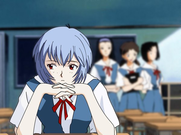 Anime-Bild 2132x1600 mit neon genesis evangelion gainax ayanami rei highres short hair red eyes blue hair looking away indoors solo focus interlocked fingers classroom girl uniform school uniform school