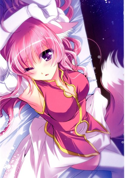 Anime picture 1411x2013 with dog days millhiore f biscotti kanna (plum) long hair tall image blush breasts open mouth purple eyes animal ears pink hair lying animal tail dog ears dog tail dog girl girl dress gloves elbow gloves