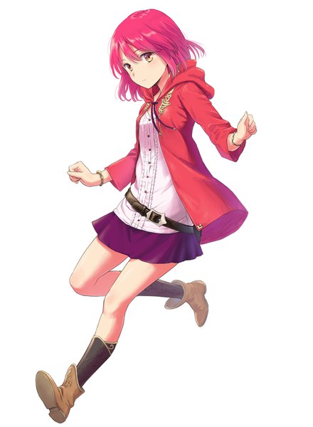 Anime picture 734x1000 with original konoe (vis9191) single tall image looking at viewer blush fringe short hair simple background hair between eyes white background yellow eyes pink hair full body bent knee (knees) spread arms serious running girl skirt