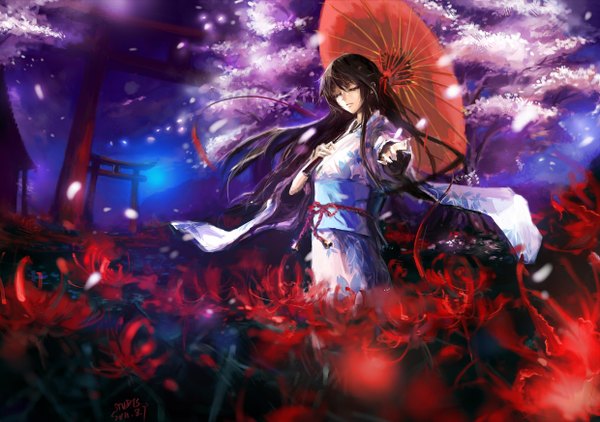 Anime picture 2480x1748 with original stu dts long hair highres black hair eyes closed japanese clothes black eyes night cherry blossoms outstretched arm scenic girl flower (flowers) kimono umbrella oriental umbrella torii higanbana