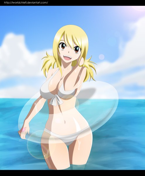 Anime picture 2684x3244 with fairy tail lucy heartfilia lworldchiefl single long hair tall image highres open mouth light erotic blonde hair smile twintails brown eyes sky cloud (clouds) sunlight midriff tattoo coloring girl