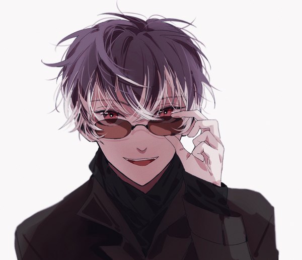 Anime picture 2398x2064 with idolish 7 sunohara momose can (doubledis) single looking at viewer highres short hair open mouth black hair simple background red eyes white background multicolored hair two-tone hair adjusting sunglasses no doubt boy sunglasses turtleneck