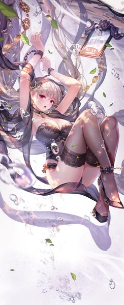 Anime picture 1500x3687 with azur lane formidable (azur lane) d-zhai single long hair tall image looking at viewer blush fringe breasts open mouth light erotic red eyes large breasts cleavage full body bent knee (knees) grey hair arms up high heels