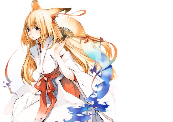 Anime picture 1200x850 with wagaya no oinari-sama zexcs tenko kuugen houden eizou white background japanese clothes fox girl miko girl