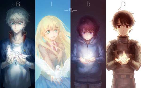 Anime picture 1600x1000 with aldnoah.zero a-1 pictures slaine troyard asseylum vers allusia kaizuka inaho rayet areash kanmuri (hanyifan30338) single long hair tall image looking at viewer fringe short hair open mouth blue eyes simple background blonde hair standing purple eyes holding