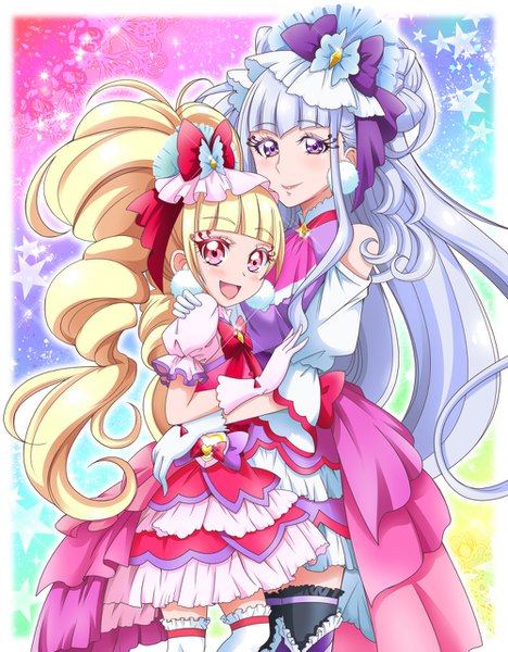 イラスト 1000x1281 と プリキュア hugっと!プリキュア 東映アニメーション ルールー・アムール 愛崎えみる キュアアムール キュアマシェリ 半蔵 長髪 長身像 カメラ目線 赤面 前髪 金髪 笑顔 赤い目 紫目 ツインテール multiple girls payot