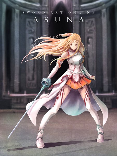 Anime picture 900x1200 with sword art online a-1 pictures yuuki asuna satyuas single long hair tall image blonde hair standing brown eyes full body copyright name character names floating hair half updo fighting stance girl thighhighs weapon detached sleeves