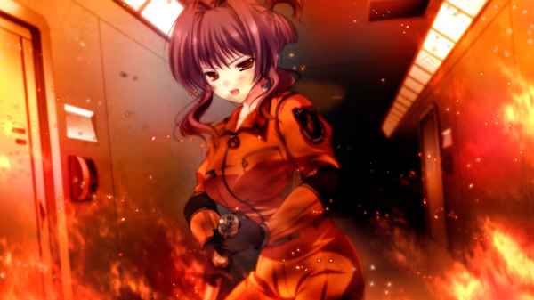 Anime picture 1280x720 with root double tachibana kazami short hair open mouth red eyes brown hair wide image game cg girl suit fire
