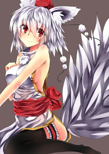 Anime picture 880x1234 with touhou inubashiri momiji e-co single tall image looking at viewer blush short hair breasts light erotic simple background smile red eyes large breasts bare shoulders animal ears silver hair tail animal tail grey background