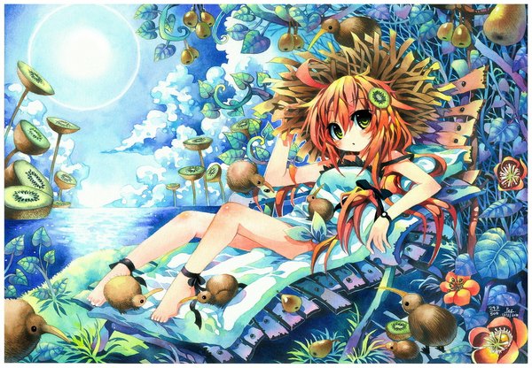 Anime picture 1073x745 with original emperpep single long hair blush green eyes red hair barefoot beach framed girl hair ornament ribbon (ribbons) hat animal water sea bird (birds) fruit sun