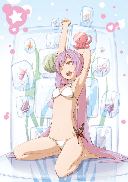 Anime picture 1240x1754 with original noraico single tall image open mouth light erotic red eyes purple hair very long hair one eye closed wink girl navel swimsuit bikini food shorts insect butterfly berry (berries)