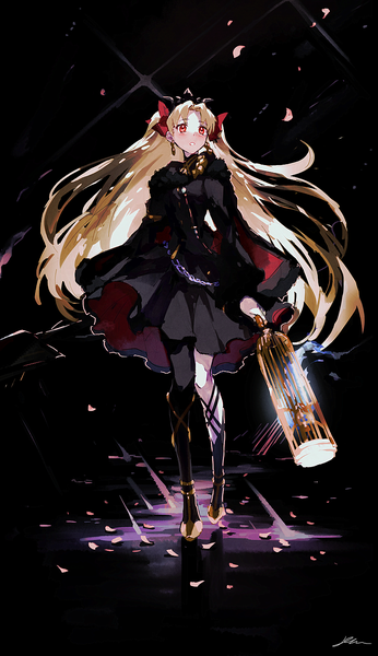 Anime picture 839x1454 with fate (series) fate/grand order ereshkigal (fate) domu (hamadura) single long hair tall image blonde hair red eyes looking away full body two side up black background knees touching girl bow hair bow earrings petals tiara