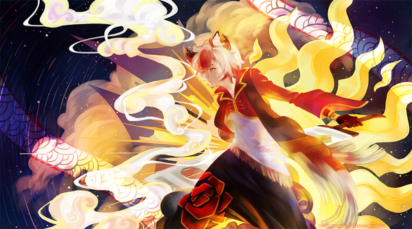 Anime picture 1280x711 with original shinkami single short hair brown hair wide image holding yellow eyes looking away white hair red hair multicolored hair two-tone hair fox ears magic looking down dark background smoke gloves scarf