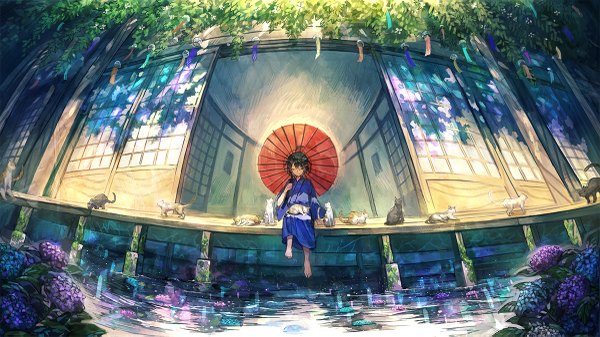 Anime picture 1200x675 with original mura karuki single short hair black hair smile wide image sitting holding full body ahoge outdoors eyes closed traditional clothes japanese clothes barefoot from below reflection summer boy
