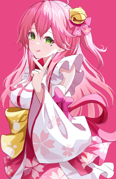 Anime picture 2298x3541 with virtual youtuber hololive sakura miko sakura miko (1st costume) pension z single long hair tall image fringe highres simple background hair between eyes green eyes looking away pink hair ahoge nail polish one side up floral print pink background