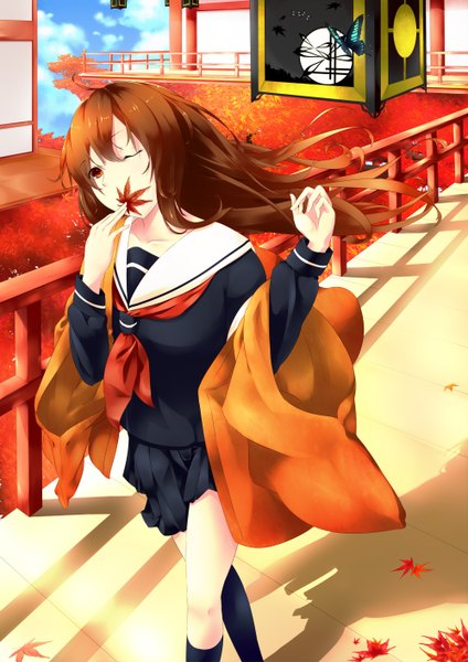 Anime picture 1996x2823 with original dushe single long hair tall image highres red eyes brown hair one eye closed wink shadow girl uniform flower (flowers) socks serafuku leaf (leaves) insect black socks butterfly