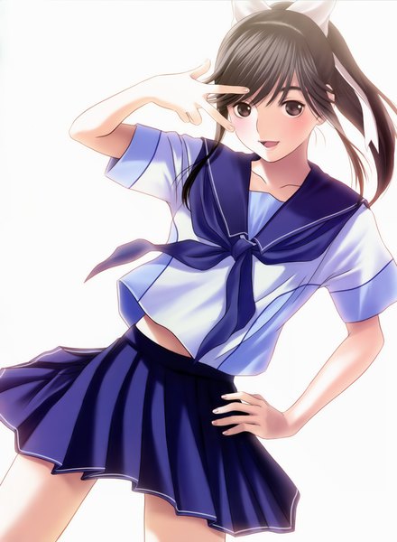 Anime picture 2200x3000 with love plus takane manaka mino tarou single long hair tall image looking at viewer highres open mouth black hair smile white background ponytail pleated skirt black eyes official art short sleeves midriff hand on hip victory