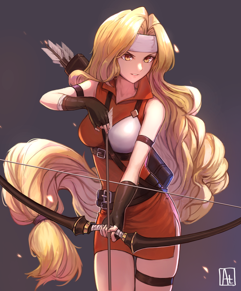 Anime picture 3500x4238 with fire emblem fire emblem: genealogy of the holy war nintendo brigid (fire emblem) alaskastomatoez single tall image highres simple background blonde hair standing yellow eyes looking away absurdres very long hair grey background low ponytail girl gloves weapon